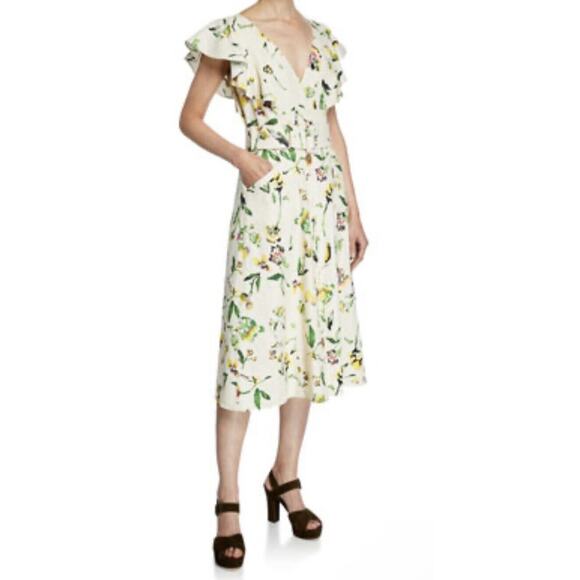 Tanya Taylor Inez Cream Multicolor Floral Print Linen Rayon Pockets Midi Dress 8 - Picture 2 of 16